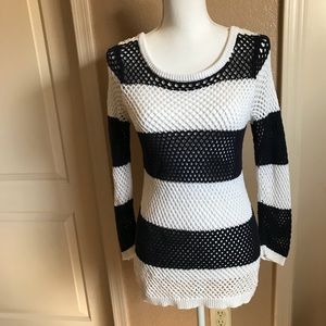 Navy blue and white open knit sweater